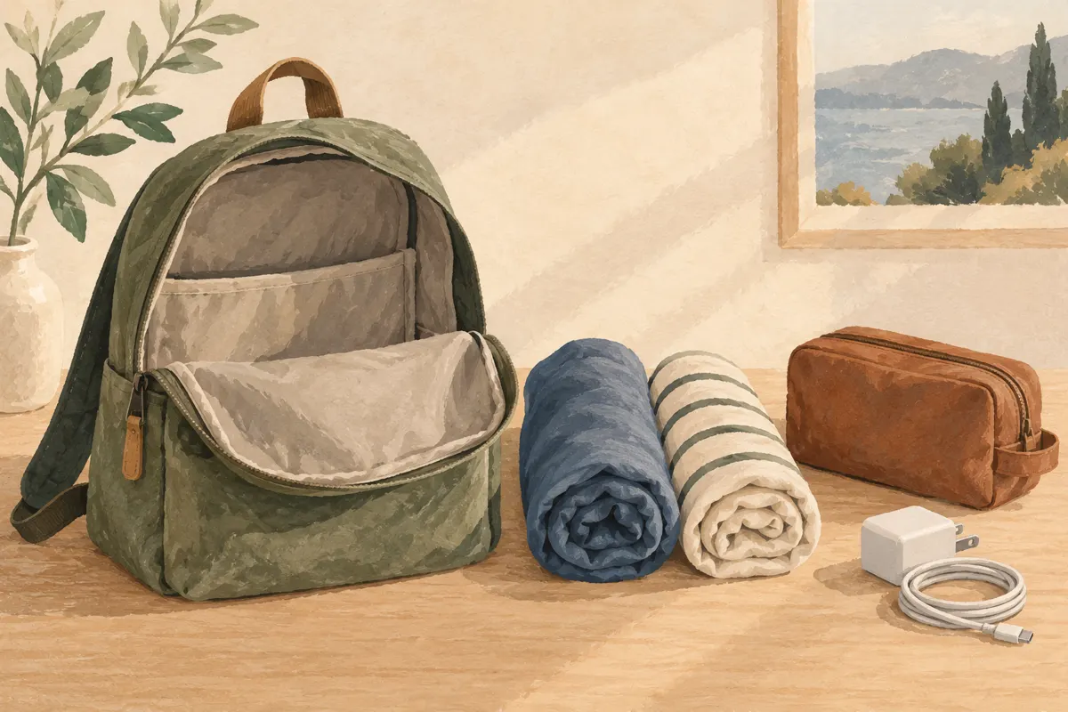 Ilustracja małego plecaka i podstawowych rzeczy przygotowanych na weekend.