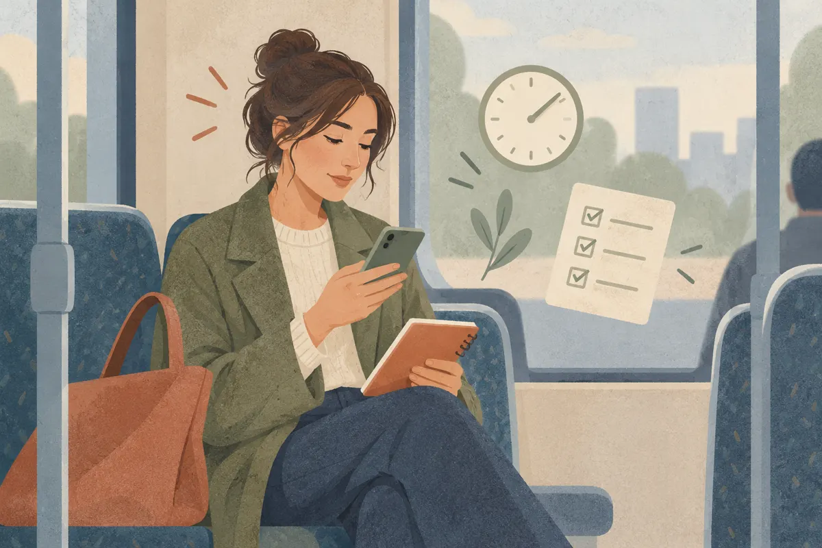 Ilustracja pasażerki uczącej się podczas dojazdu komunikacją miejską.